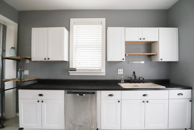 2940 W 38th St, Chicago, IL 60632 - kitchen with dishwasher, a sink, open shelves, dark countertops, and white cabinetry
