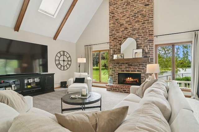 22902 W Lochanora Dr, Hawthorn Woods, IL 60047 - living area featuring high vaulted ceiling, carpet, a brick fireplace, plenty of natural light, and baseboards