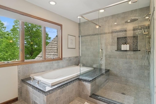 22902 W Lochanora Dr, Hawthorn Woods, IL 60047 - bathroom with a bath, a stall shower, and recessed lighting
