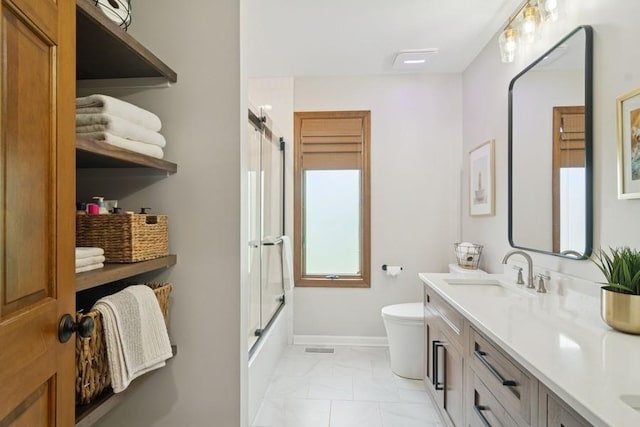 22902 W Lochanora Dr, Hawthorn Woods, IL 60047 - bathroom with toilet, marble finish flooring, double vanity, and enclosed tub / shower combo