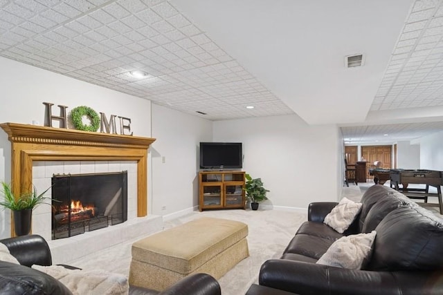 22902 W Lochanora Dr, Hawthorn Woods, IL 60047 - living area with baseboards, carpet flooring, a tile fireplace, and billiards
