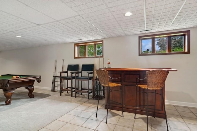 22902 W Lochanora Dr, Hawthorn Woods, IL 60047 - indoor dry bar featuring pool table, light tile patterned floors, baseboards, recessed lighting, and light colored carpet