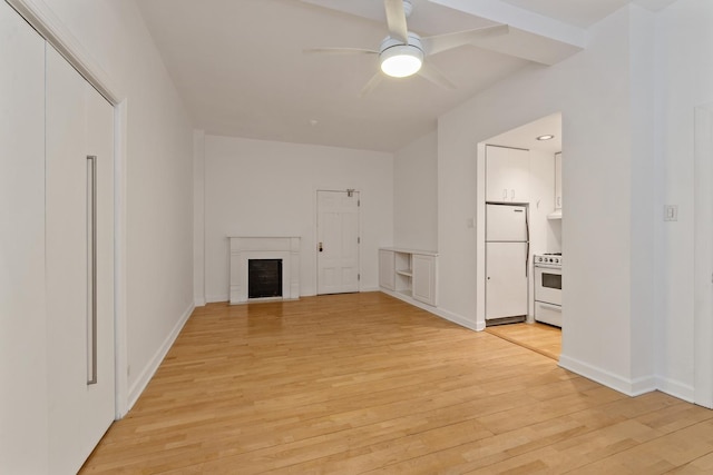 431 W Oakdale Ave Unit 1C, Chicago, IL 60657 - unfurnished living room featuring light wood-style floors, ceiling fan, a fireplace, and baseboards