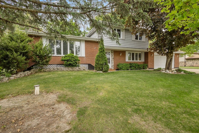 2841 E Pine Dr, Crete, IL 60417 - view of front of house with brick siding, a garage, and a front lawn