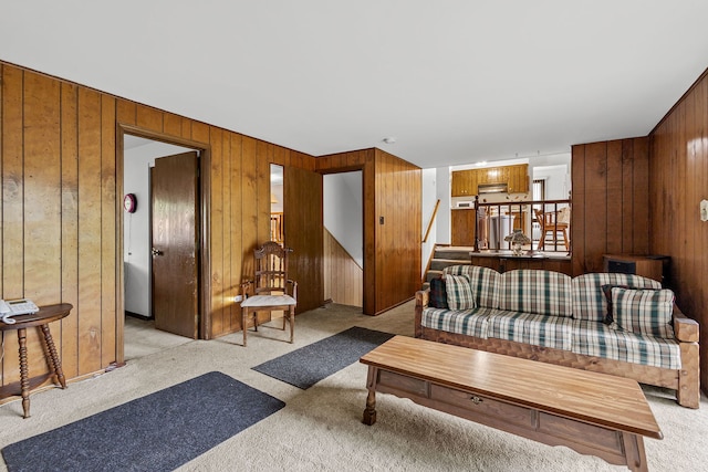 2841 E Pine Dr, Crete, IL 60417 - carpeted living room featuring wooden walls and stairway