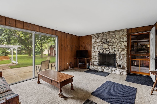 2841 E Pine Dr, Crete, IL 60417 - living area featuring wooden walls, carpet flooring, and a stone fireplace