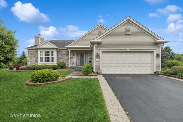 12433 Foxtail Ln, Huntley, IL 60142 - ranch-style home featuring a chimney, asphalt driveway, a garage, a front yard, and stone siding