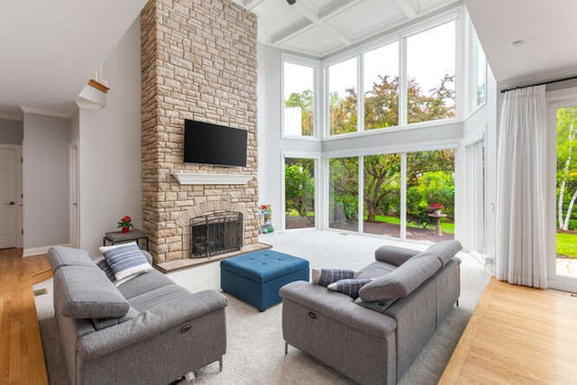 3211 Treyburn Rd, Naperville, IL 60564 - living room featuring a stone fireplace, a high ceiling, wood finished floors, beam ceiling, and coffered ceiling