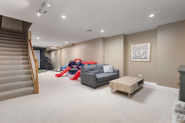 3211 Treyburn Rd, Naperville, IL 60564 - carpeted living room with stairway, recessed lighting, and baseboards