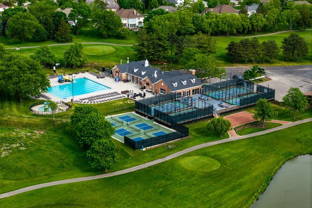 3211 Treyburn Rd, Naperville, IL 60564 - drone / aerial view of a pool area, a golf club, and a large body of water