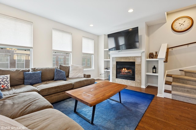 959 W 37th St Unit 5, Chicago, IL 60609 - living area featuring plenty of natural light, wood finished floors, a fireplace, stairs, and recessed lighting