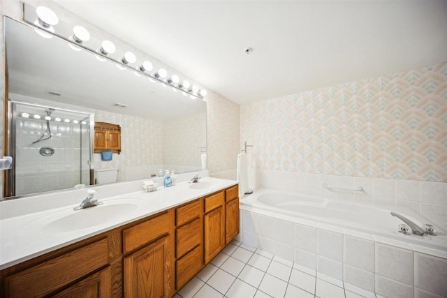 7414 W Irving Park Rd Unit 206, Norridge, IL 60706 - full bathroom featuring wallpapered walls, tile patterned flooring, a bath, double vanity, and a stall shower