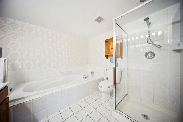 7414 W Irving Park Rd Unit 206, Norridge, IL 60706 - bathroom featuring a stall shower, tile patterned floors, a garden tub, wallpapered walls, and toilet