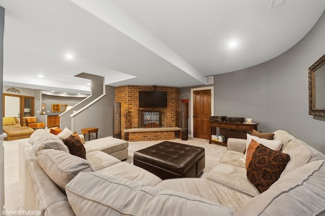 1138 Greentree Ave, Deerfield, IL 60015 - living room with stairway, light carpet, and a brick fireplace