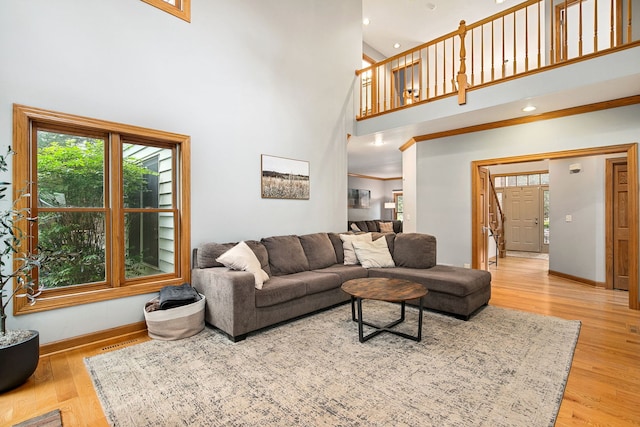 1284 N Jack Pine Ct, Palatine, IL 60067 - living room with a high ceiling, baseboards, wood finished floors, recessed lighting, and ornamental molding