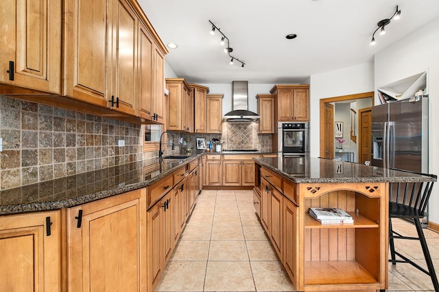 1284 N Jack Pine Ct, Palatine, IL 60067 - kitchen with wall chimney range hood, stainless steel appliances, a sink, open shelves, and a center island