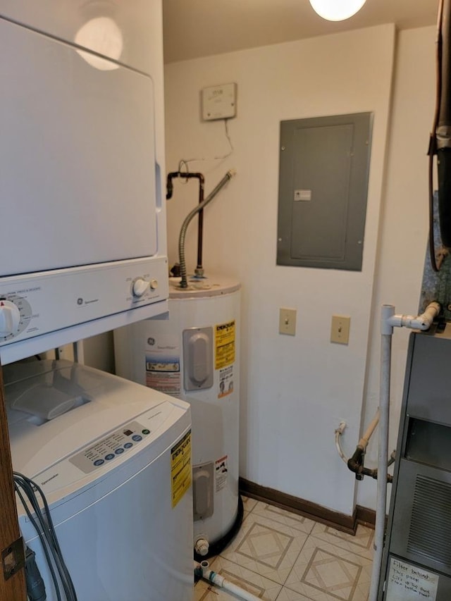 1744 Eastwood Ct Unit 9, Schaumburg, IL 60195 - laundry room featuring electric panel, stacked washing machine and dryer, baseboards, and water heater