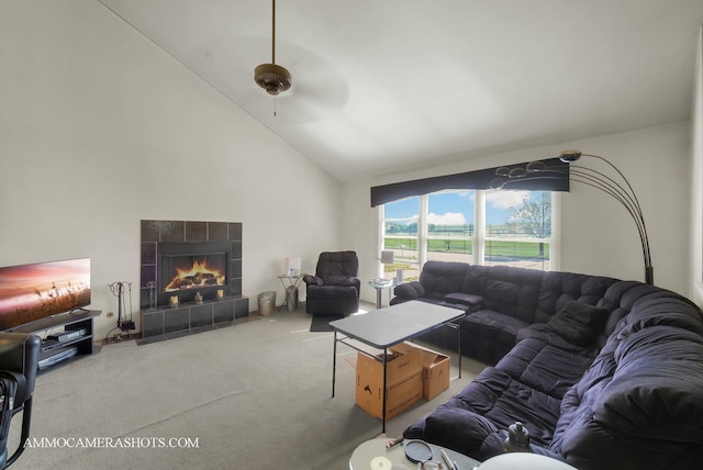 2N562 Atlantic Dr, West Chicago, IL 60185 - living room featuring carpet flooring, high vaulted ceiling, a fireplace, and ceiling fan