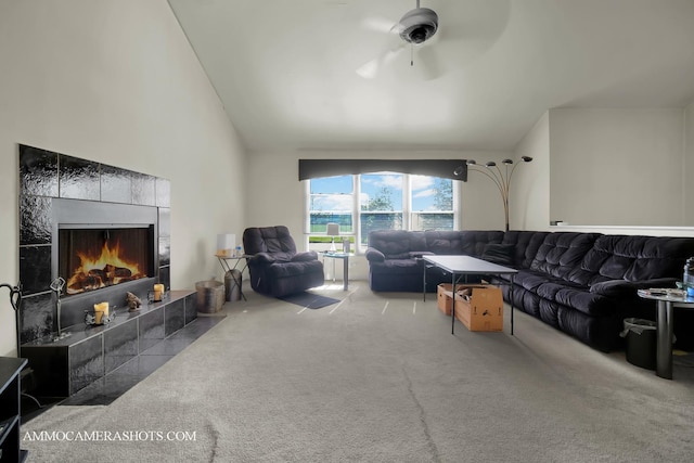 2N562 Atlantic Dr, West Chicago, IL 60185 - living room with carpet, a fireplace, a ceiling fan, and lofted ceiling