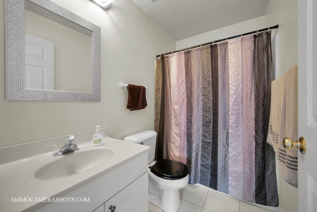 2N562 Atlantic Dr, West Chicago, IL 60185 - bathroom with toilet, tile patterned floors, vanity, and a shower with shower curtain