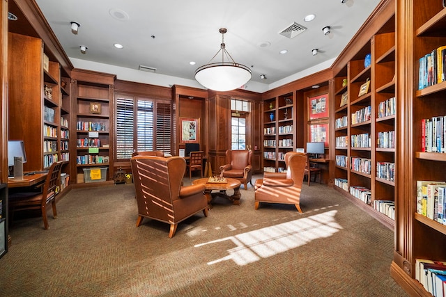 1468 W Grand Haven Rd, Romeoville, IL 60446 - living area featuring bookshelves, carpet flooring, recessed lighting, an office area, and built in shelves