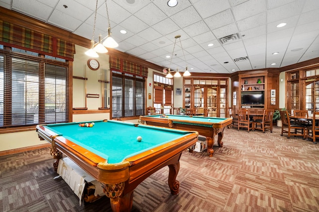 1468 W Grand Haven Rd, Romeoville, IL 60446 - game room featuring carpet flooring, pool table, baseboards, recessed lighting, and a paneled ceiling