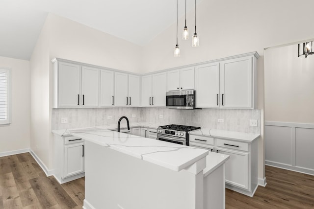 1468 W Grand Haven Rd, Romeoville, IL 60446 - kitchen with stainless steel appliances, light stone counters, tasteful backsplash, wood finished floors, and pendant lighting