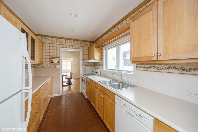 533 Clarence Ave, Oak Park, IL 60304 - kitchen featuring white appliances, a sink, light countertops, tasteful backsplash, and baseboards