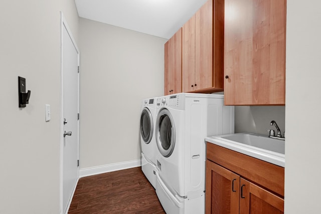 10 Millbrook Ct, Algonquin, IL 60102 - laundry area featuring washer and dryer, cabinet space, dark wood-style flooring, and baseboards