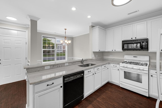 10 Millbrook Ct, Algonquin, IL 60102 - kitchen featuring black appliances, crown molding, a sink, a peninsula, and dark wood-type flooring