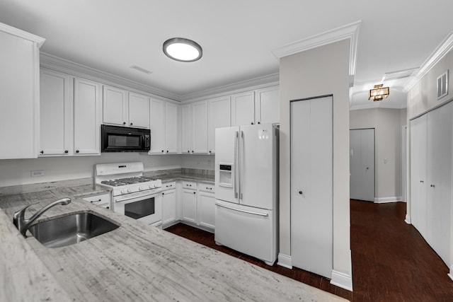 10 Millbrook Ct, Algonquin, IL 60102 - kitchen featuring white appliances, a sink, light stone counters, dark wood-type flooring, and white cabinetry