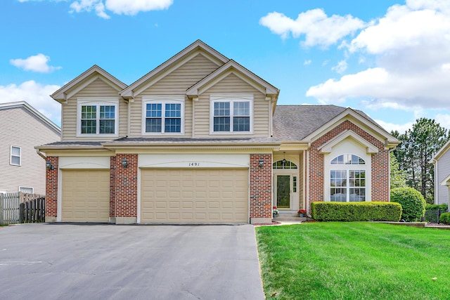 traditional home featuring a garage, driveway, brick siding, and roof with shingles