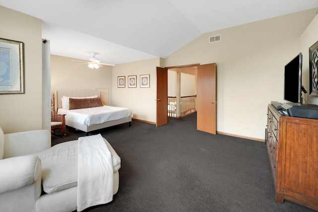 bedroom with lofted ceiling, carpet flooring, baseboards, and a ceiling fan