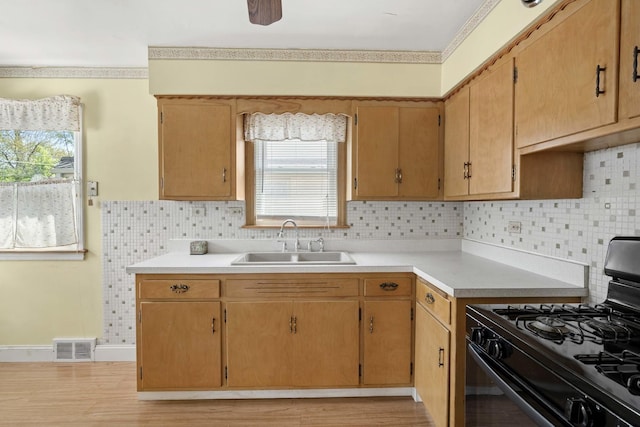 1918 W 108th Pl, Chicago, IL 60643 - kitchen featuring black gas range oven, a sink, light countertops, decorative backsplash, and light wood-style flooring