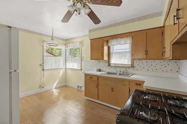 1918 W 108th Pl, Chicago, IL 60643 - kitchen featuring a sink, freestanding refrigerator, gas stove, light countertops, and tasteful backsplash