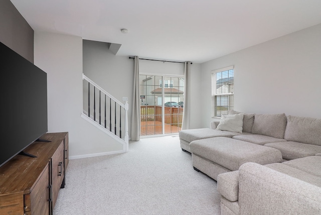 21536 Vesper St, Crest Hill, IL 60403 - living room featuring stairs, carpet, and baseboards