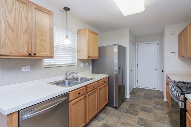21536 Vesper St, Crest Hill, IL 60403 - kitchen with stainless steel appliances, a sink, decorative backsplash, stone finish flooring, and hanging light fixtures