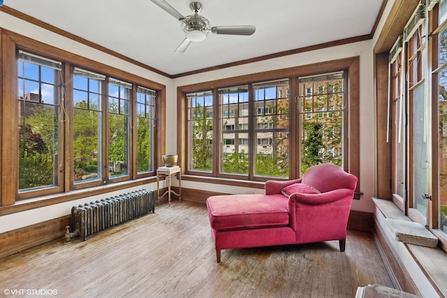 sunroom / solarium with radiator, plenty of natural light, baseboards, ornamental molding, and wood finished floors