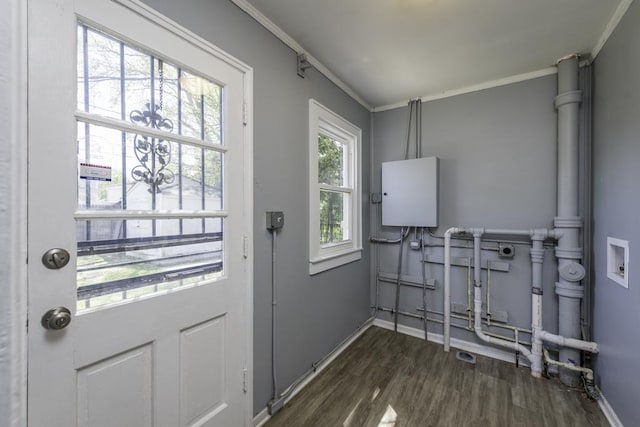 1705 Lyons Ct, Waukegan, IL 60085 - doorway featuring crown molding, wood finished floors, and baseboards