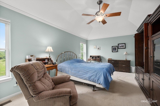 S970 Newton Sq, Geneva, IL 60134 - bedroom featuring light colored carpet, baseboards, lofted ceiling, crown molding, and ceiling fan