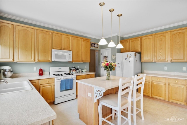S970 Newton Sq, Geneva, IL 60134 - kitchen featuring white appliances, a sink, crown molding, light countertops, and decorative light fixtures