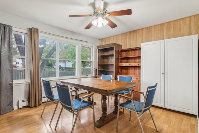 35790 N Wilson Rd, Ingleside, IL 60041 - dining space with ceiling fan, light wood-style floors, an office area, a baseboard radiator, and wooden walls
