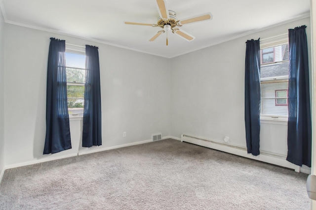 35790 N Wilson Rd, Ingleside, IL 60041 - empty room with a baseboard heating unit, plenty of natural light, ceiling fan, carpet, and ornamental molding