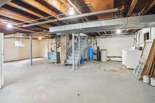 35790 N Wilson Rd, Ingleside, IL 60041 - below grade area featuring a water pressure tank, stairway, washing machine and clothes dryer, and a water softener