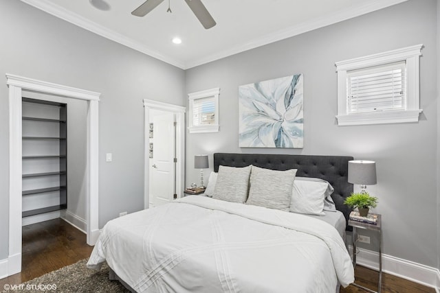 3737 N Clifton Ave Unit 3, Chicago, IL 60613 - bedroom featuring baseboards, wood finished floors, crown molding, a ceiling fan, and recessed lighting
