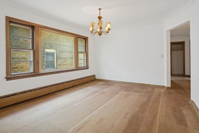 1214 Hull Ter, Evanston, IL 60202 - empty room with a baseboard heating unit, a chandelier, crown molding, and baseboards
