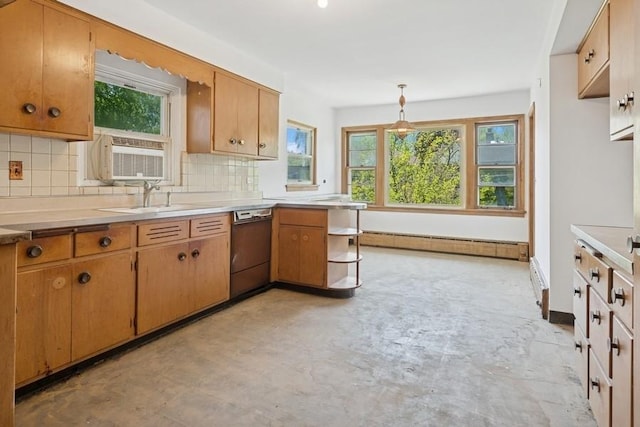 1214 Hull Ter, Evanston, IL 60202 - kitchen with dishwasher, a sink, concrete floors, a baseboard heating unit, and tasteful backsplash