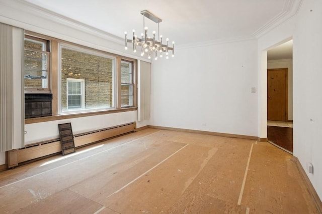 1214 Hull Ter, Evanston, IL 60202 - unfurnished room featuring a baseboard radiator, crown molding, baseboards, and a chandelier