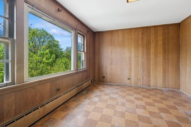 1214 Hull Ter, Evanston, IL 60202 - unfurnished room featuring a baseboard radiator, wooden walls, and light flooring