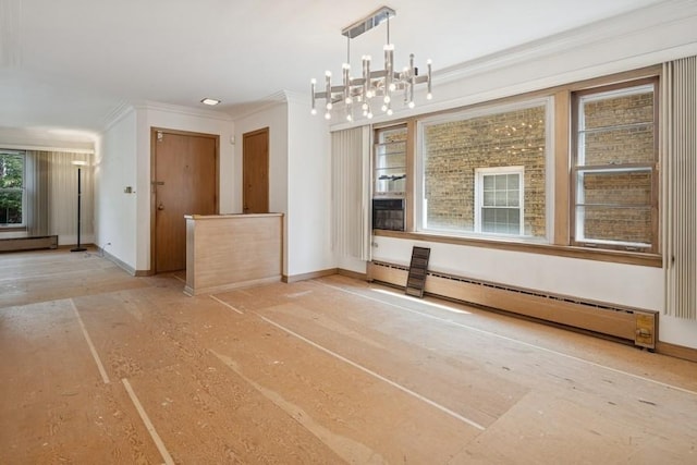1214 Hull Ter, Evanston, IL 60202 - unfurnished dining area featuring a baseboard heating unit, ornamental molding, baseboards, and baseboard heating